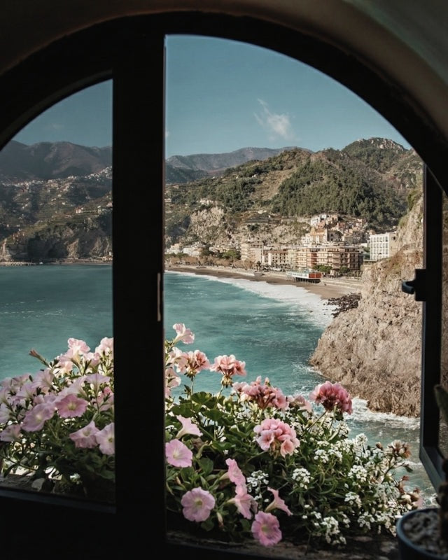 A window box of pink flowers above a Mediterranean coastal village