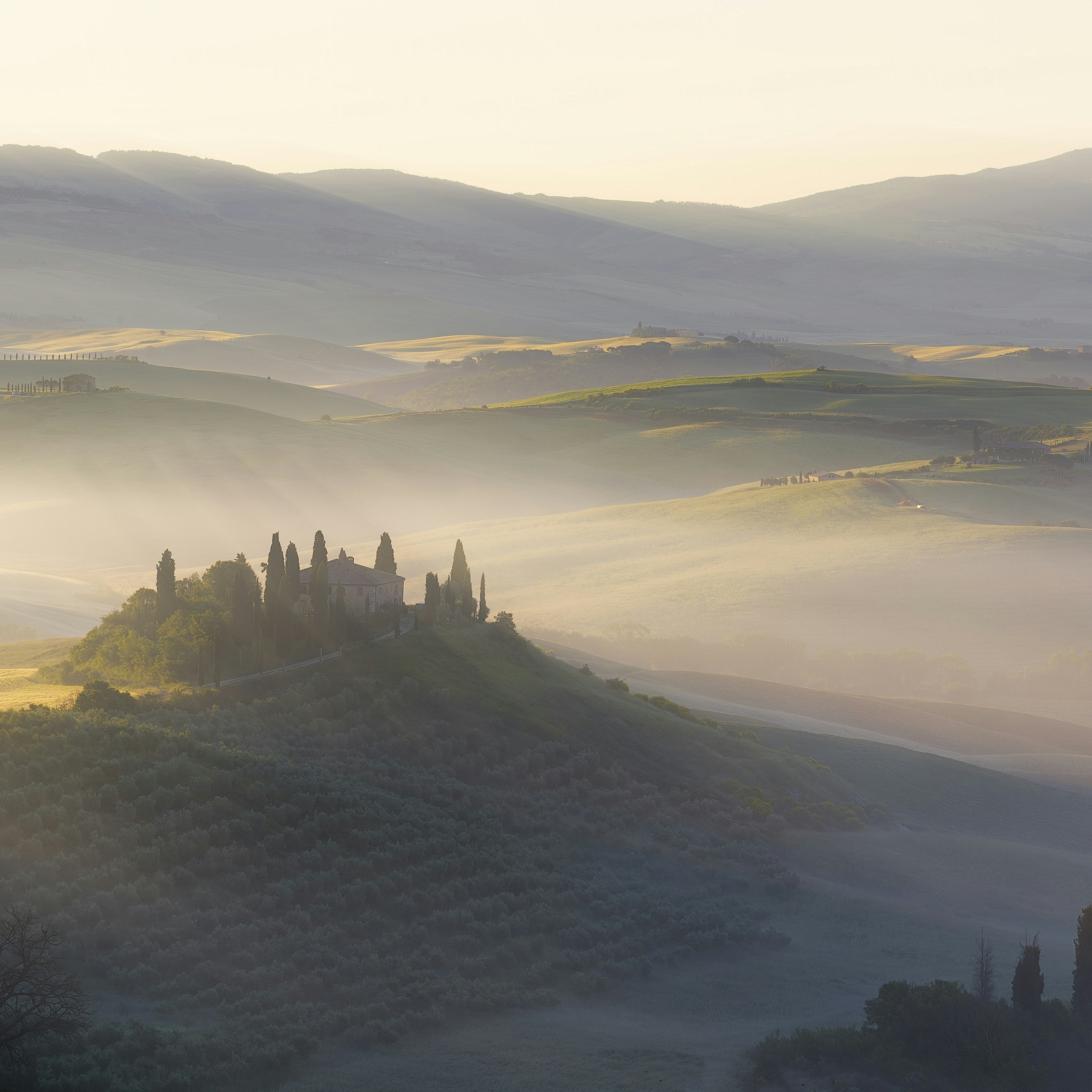 Mist over the hills of Val d Orcia in Tuscany, the inspiration for LUMIRA Tuscan Fig