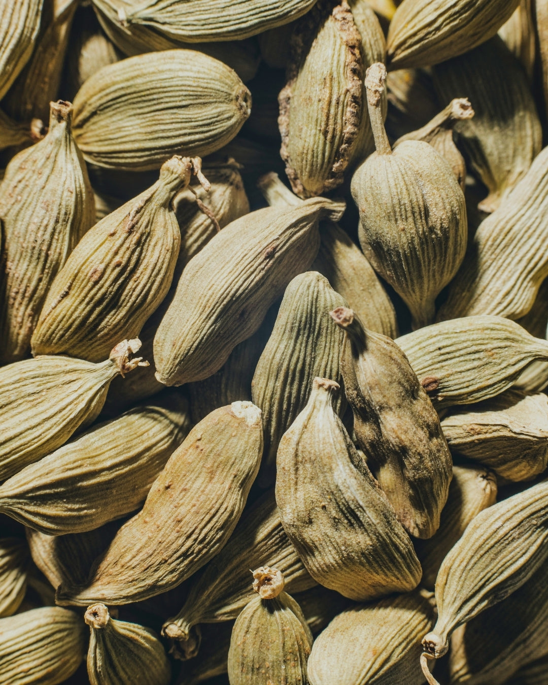 A pile of green cardamom pods